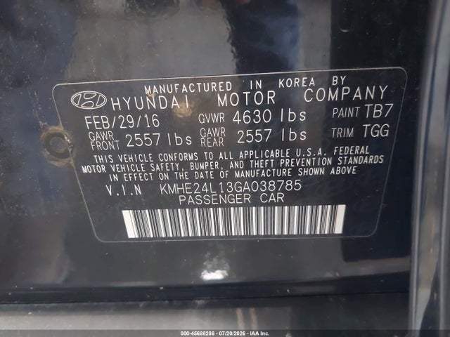 Aukcja sprzedaży 2016 Hyundai Sonata Hybrid Se, vin: KMHE24L13GA038785, numer aukcji: 45688286
