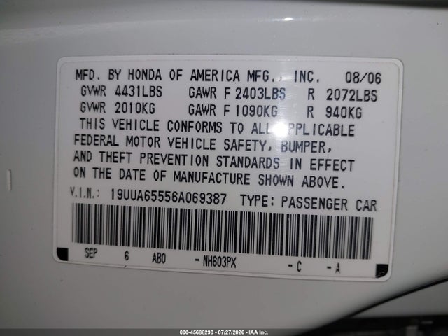 45688290 :رقم المزاد ، 19UUA65556A069387 vin ، 2006 Acura Tl مزاد بيع