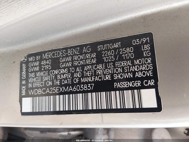 Продажа на аукционе авто 1991 Mercedes-benz 300 Sel, vin: WDBCA25EXMA603837, номер лота: 45688292