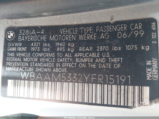 Aukcja sprzedaży 2000 Bmw 328i, vin: WBAAM5332YFR15191, numer aukcji: 45688294
