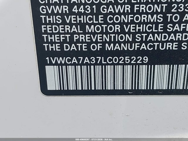 Aukcja sprzedaży 2020 Volkswagen Passat 2.0t Sel, vin: 1VWCA7A37LC025229, numer aukcji: 45688297