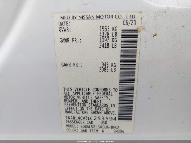 Продаж на аукціоні авто 2020 Nissan Altima Sr Fwd, vin: 1N4BL4CV3LC253594, номер лоту: 45688307