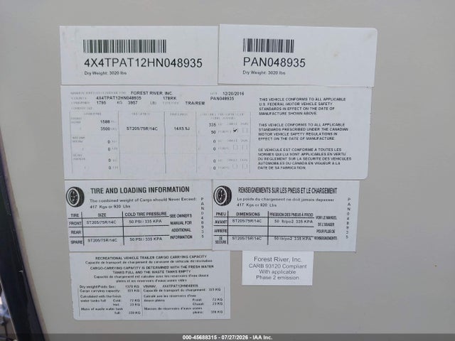 Продажа на аукционе авто 2017 Palomino Other, vin: 4X4TPAT12HN048935, номер лота: 45688315