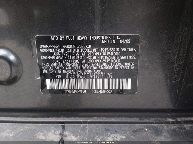 2010 Subaru Forester 2.5x მანქანა იყიდება აუქციონზე, vin: JF2SH6AC9AH703176, აუქციონის ნომერი: 45688348