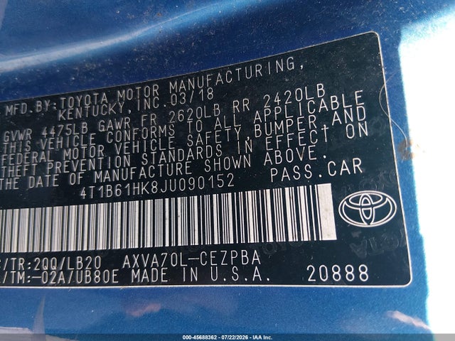 Aukcja sprzedaży 2018 Toyota Camry Xse, vin: 4T1B61HK8JU090152, numer aukcji: 45688362