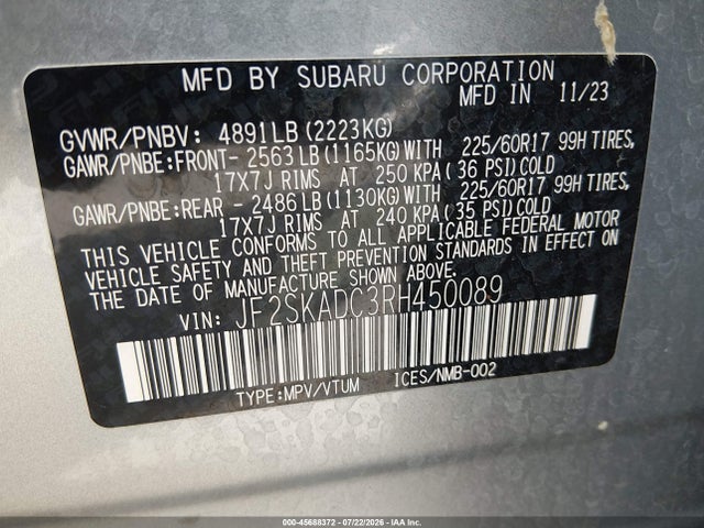Aukcja sprzedaży 2024 Subaru Forester Premium, vin: JF2SKADC3RH450089, numer aukcji: 45688372