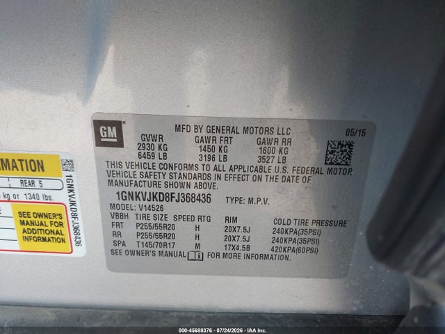 45688376 :رقم المزاد ، 1GNKVJKD8FJ368436 vin ، 2015 Chevrolet Traverse Ltz مزاد بيع