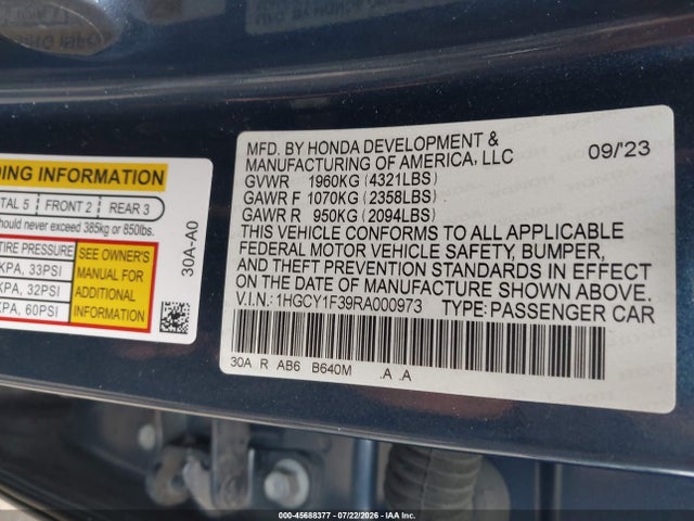 Продажа на аукционе авто 2024 Honda Accord Ex, vin: 1HGCY1F39RA000973, номер лота: 45688377