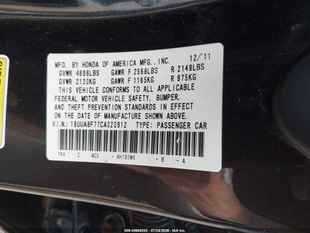45688392 :رقم المزاد ، 19UUA8F77CA020912 vin ، 2012 Acura Tl 3.5 مزاد بيع