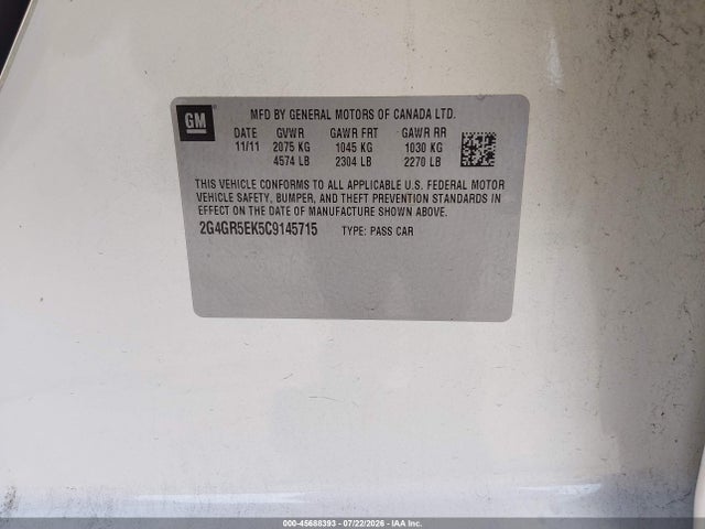 2012 Buick Regal მანქანა იყიდება აუქციონზე, vin: 2G4GR5EK5C9145715, აუქციონის ნომერი: 45688393