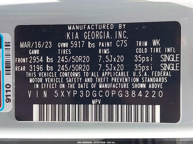 45688404 :رقم المزاد ، 5XYP3DGC0PG384220 vin ، 2023 Kia Telluride Ex X-line مزاد بيع