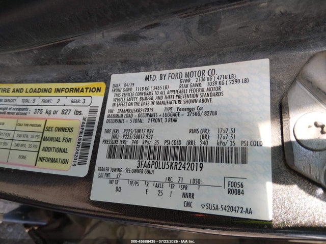 45688435 :رقم المزاد ، 3FA6P0LU5KR242019 vin ، 2019 Ford Fusion Hybrid Se مزاد بيع