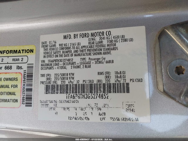 Aukcja sprzedaży 2016 Ford Mustang Ecoboost, vin: 1FA6P8TH3G5274852, numer aukcji: 45688437