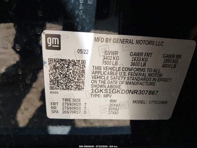 Aukcja sprzedaży 2022 Gmc Yukon Xl 2wd Slt, vin: 1GKS1GKD0NR307867, numer aukcji: 45688440