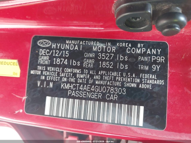 KMHCT4AE4GU078303 Hyundai ACCENT SE
