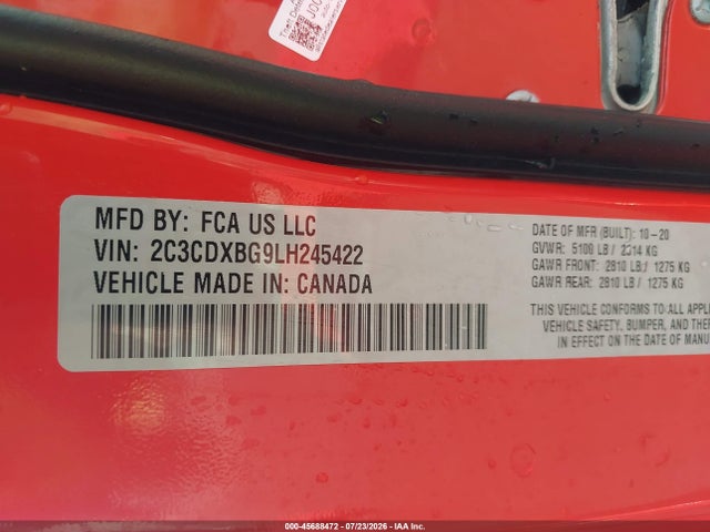 Продажа на аукционе авто 2020 Dodge Charger Sxt Rwd, vin: 2C3CDXBG9LH245422, номер лота: 45688472