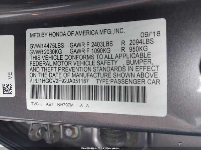 2018 Honda Accord Touring 2.0t მანქანა იყიდება აუქციონზე, vin: 1HGCV2F92JA051187, აუქციონის ნომერი: 45688483
