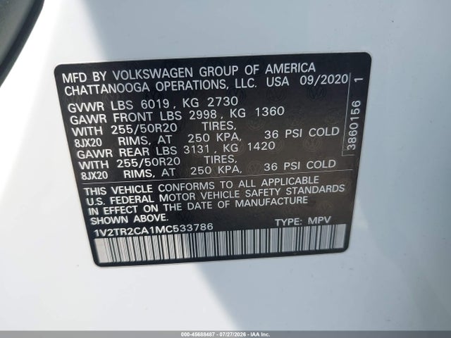 Auction sale of the 2021 Volkswagen Atlas 3.6l V6 Sel Premium, vin: 1V2TR2CA1MC533786, lot number: 45688487