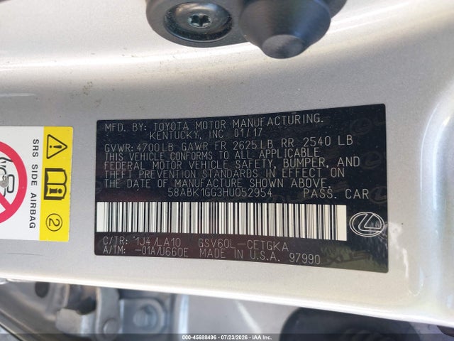 Продаж на аукціоні авто 2017 Lexus Es 350, vin: 58ABK1GG3HU052954, номер лоту: 45688496