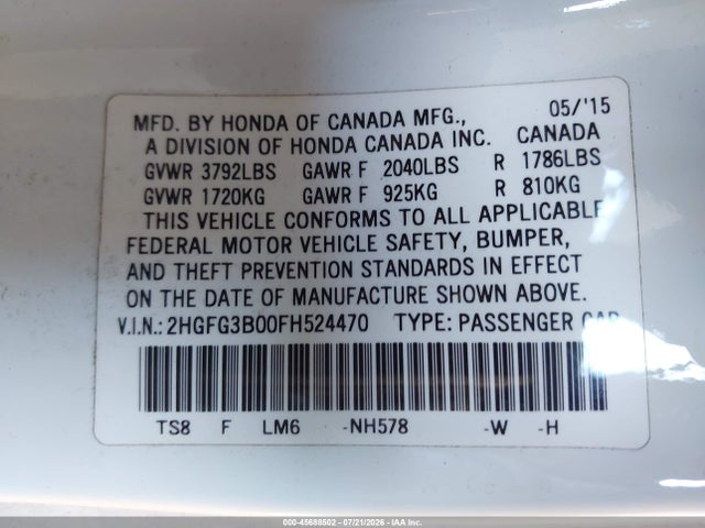 2HGFG3B00FH524470 Honda Civic Ex-l