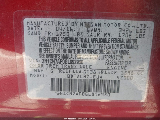 Nissan Versa 1.6 Sv 2016 3N1CN7AP0GL892950 Image 9