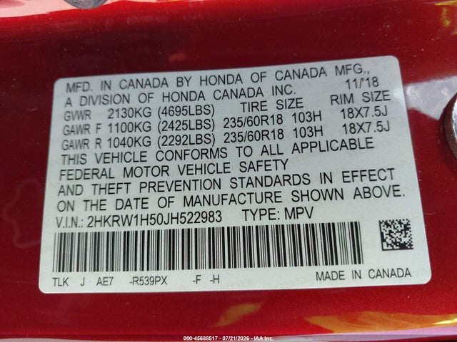 Honda CR-V EX 2018 2HKRW1H50JH522983 Image 9
