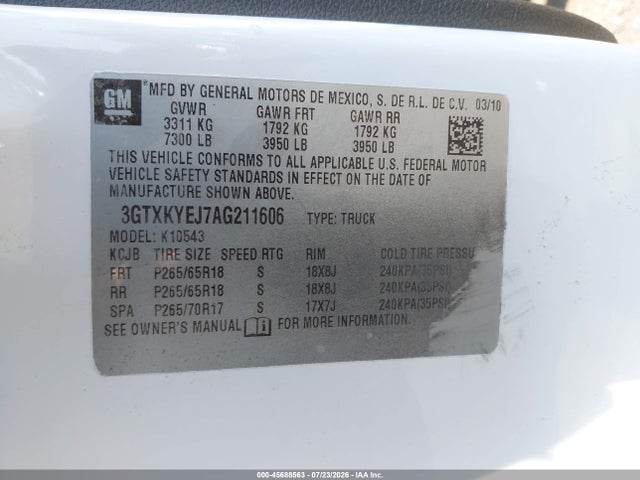 Aukcja sprzedaży 2010 Gmc Sierra 1500 Hybrid 3ha, vin: 3GTXKYEJ7AG211606, numer aukcji: 45688563