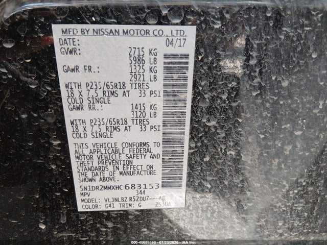 45688568 :رقم المزاد ، 5N1DR2MMXHC683153 vin ، 2017 Nissan Pathfinder S مزاد بيع