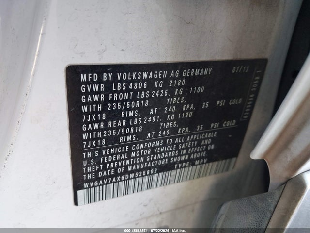 45688571 :رقم المزاد ، WVGAV7AX6DW525802 vin ، 2013 Volkswagen Tiguan Se مزاد بيع