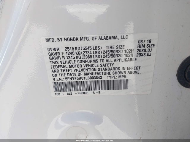 5FNYF5H61LB003843 Honda Pilot 2wd Touring 7 Passenger