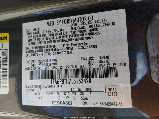 Продажа на аукционе авто 2020 Ford Mustang Ecoboost Premium Fastback, vin: 1FA6P8TH7L5153428, номер лота: 45688581