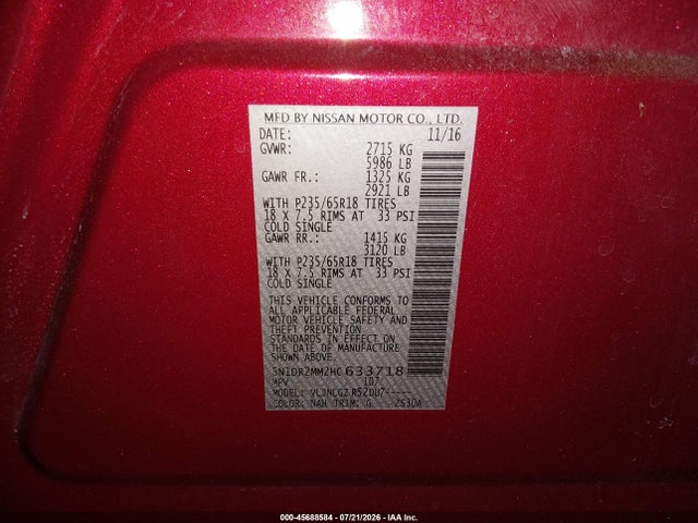 Nissan Pathfinder Sl 2017 5N1DR2MM2HC633718 Image 9