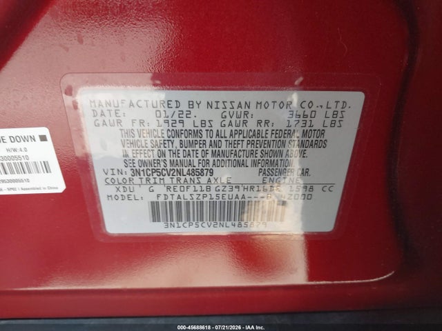 3N1CP5CV2NL485879 Nissan Kicks Sv Xtronic Cvt