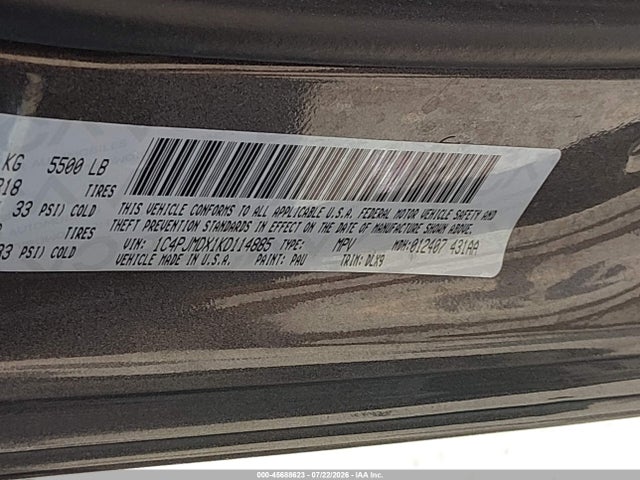 Aukcja sprzedaży 2019 Jeep Cherokee Limited 4x4, vin: 1C4PJMDX1KD114885, numer aukcji: 45688623