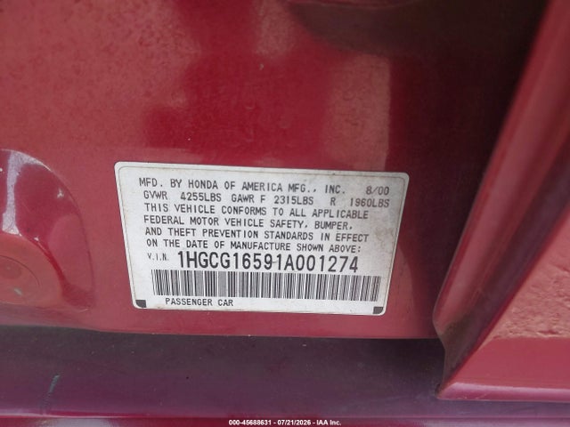 Продажа на аукционе авто 2001 Honda Accord 3.0 Ex, vin: 1HGCG16591A001274, номер лота: 45688631