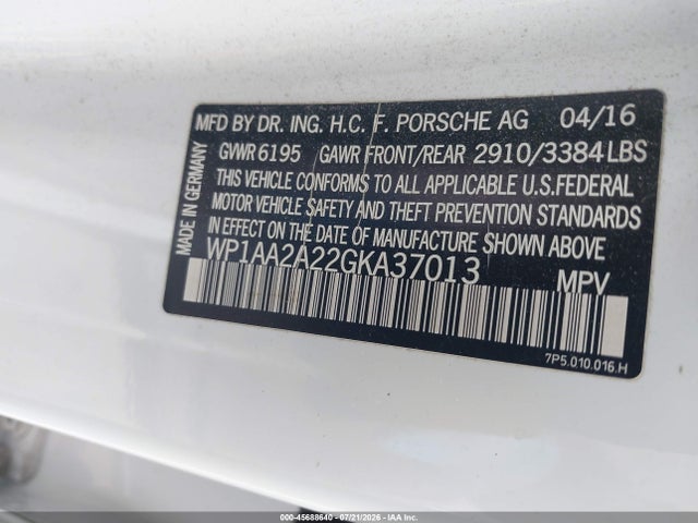 45688640 :رقم المزاد ، WP1AA2A22GKA37013 vin ، 2016 Porsche Cayenne مزاد بيع