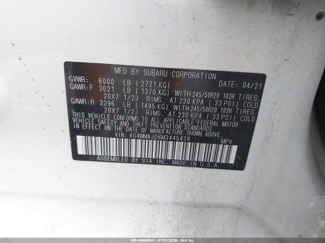 2021 Subaru Ascent Limited მანქანა იყიდება აუქციონზე, vin: 4S4WMAJD6M3445428, აუქციონის ნომერი: 45688641