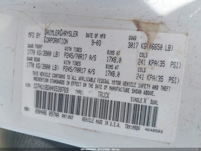 Aukcja sprzedaży 2004 Dodge Ram 1500 Slt/laramie, vin: 1D7HU18D04S539769, numer aukcji: 45688643