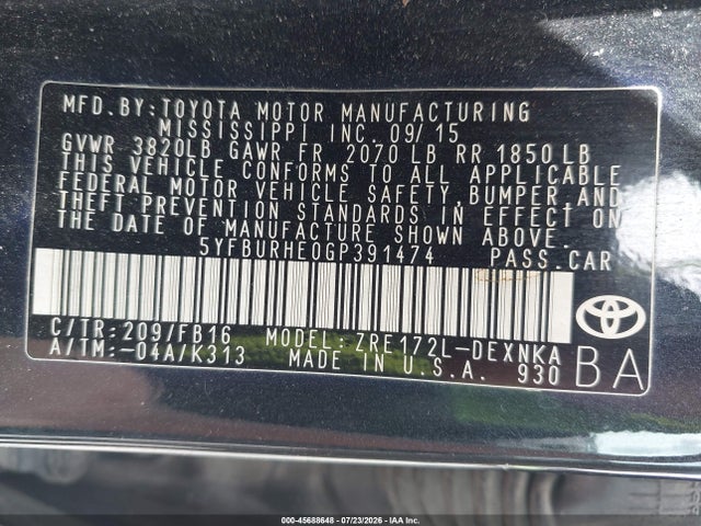 2016 Toyota Corolla Le მანქანა იყიდება აუქციონზე, vin: 5YFBURHE0GP391474, აუქციონის ნომერი: 45688648
