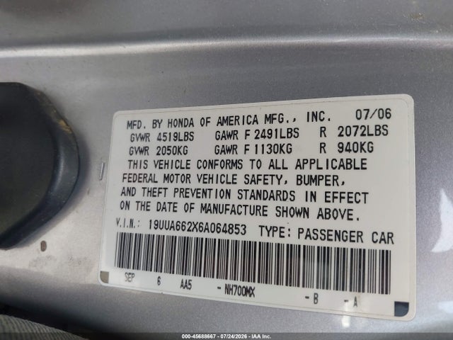Продаж на аукціоні авто 2006 Acura Tl, vin: 19UUA662X6A064853, номер лоту: 45688667