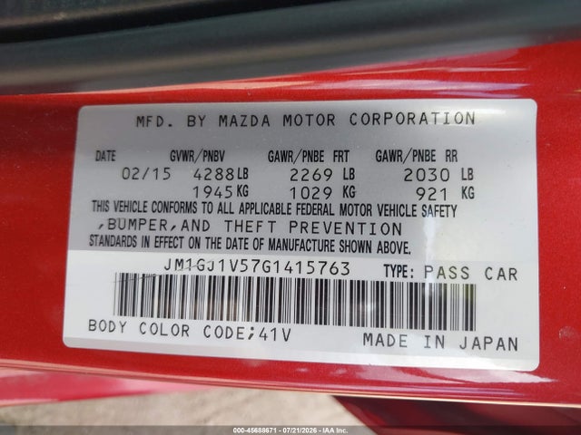 Aukcja sprzedaży 2016 Mazda Mazda6 I Touring, vin: JM1GJ1V57G1415763, numer aukcji: 45688671
