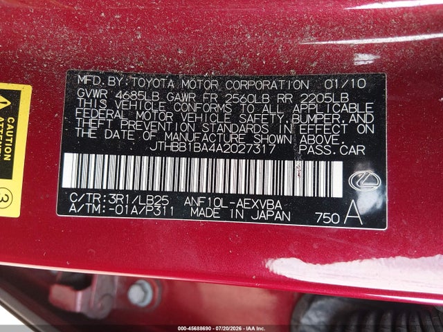 45688690 :رقم المزاد ، JTHBB1BA4A2027317 vin ، 2010 Lexus Hs 250h مزاد بيع
