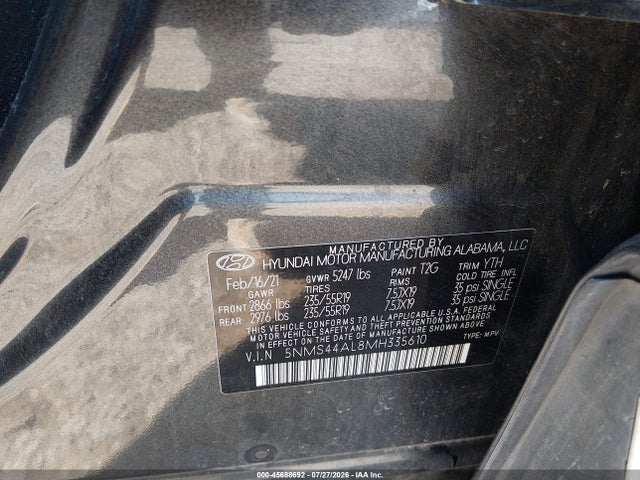 Продажа на аукционе авто 2021 Hyundai Santa Fe Limited, vin: 5NMS44AL8MH335610, номер лота: 45688692