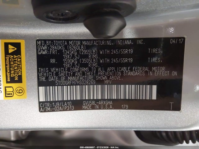 45688697 :رقم المزاد ، 5TDDGRFH7HS028269 vin ، 2017 Toyota Highlander Hybrid Limited Platinum مزاد بيع