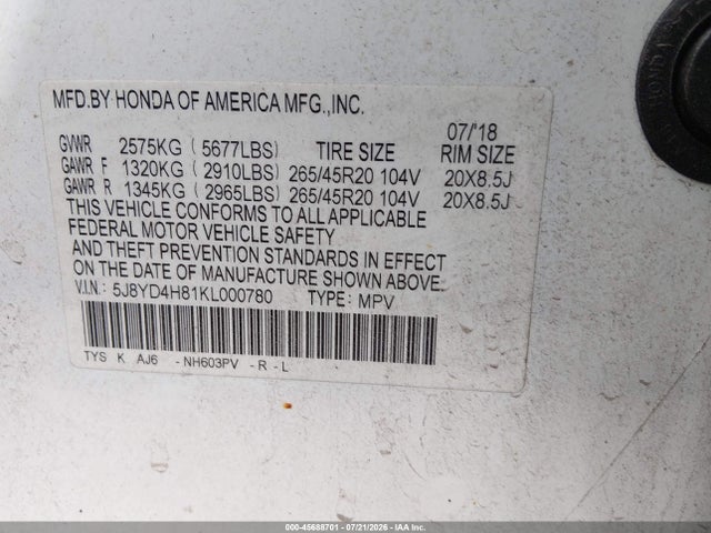 45688701 :رقم المزاد ، 5J8YD4H81KL000780 vin ، 2019 Acura Mdx Advance Pkg مزاد بيع