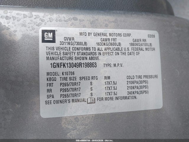 45688704 :رقم المزاد ، 1GNFK13049R198863 vin ، 2009 Chevrolet Tahoe Commercial Fleet مزاد بيع