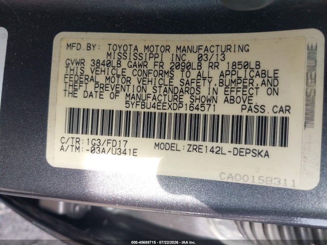 Aukcja sprzedaży 2013 Toyota Corolla S, vin: 5YFBU4EEXDP164571, numer aukcji: 45688715
