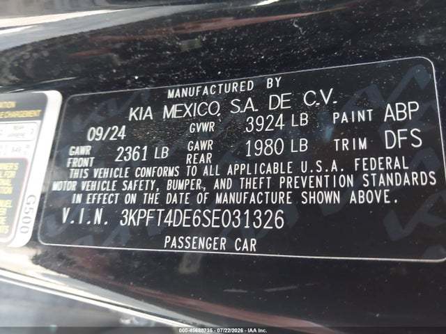 Aukcja sprzedaży 2025 Kia K4 Lxs, vin: 3KPFT4DE6SE031326, numer aukcji: 45688735