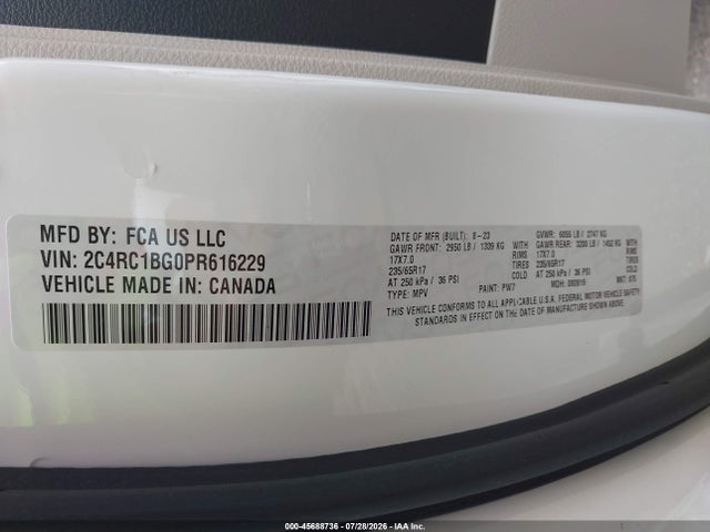 Продаж на аукціоні авто 2023 Chrysler Pacifica Touring L, vin: 2C4RC1BG0PR616229, номер лоту: 45688736