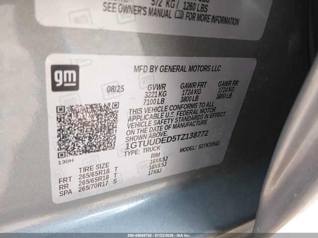 45688759 :رقم المزاد ، 1GTUUDED5TZ138772 vin ، 2026 Gmc Sierra 1500 , Short Bed, Slt, 4wd مزاد بيع